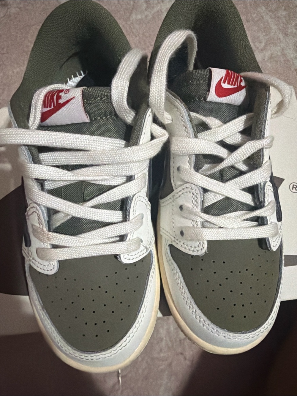 Travis Scott Olive Green and White Kids Sneakers with Red Nike Tag